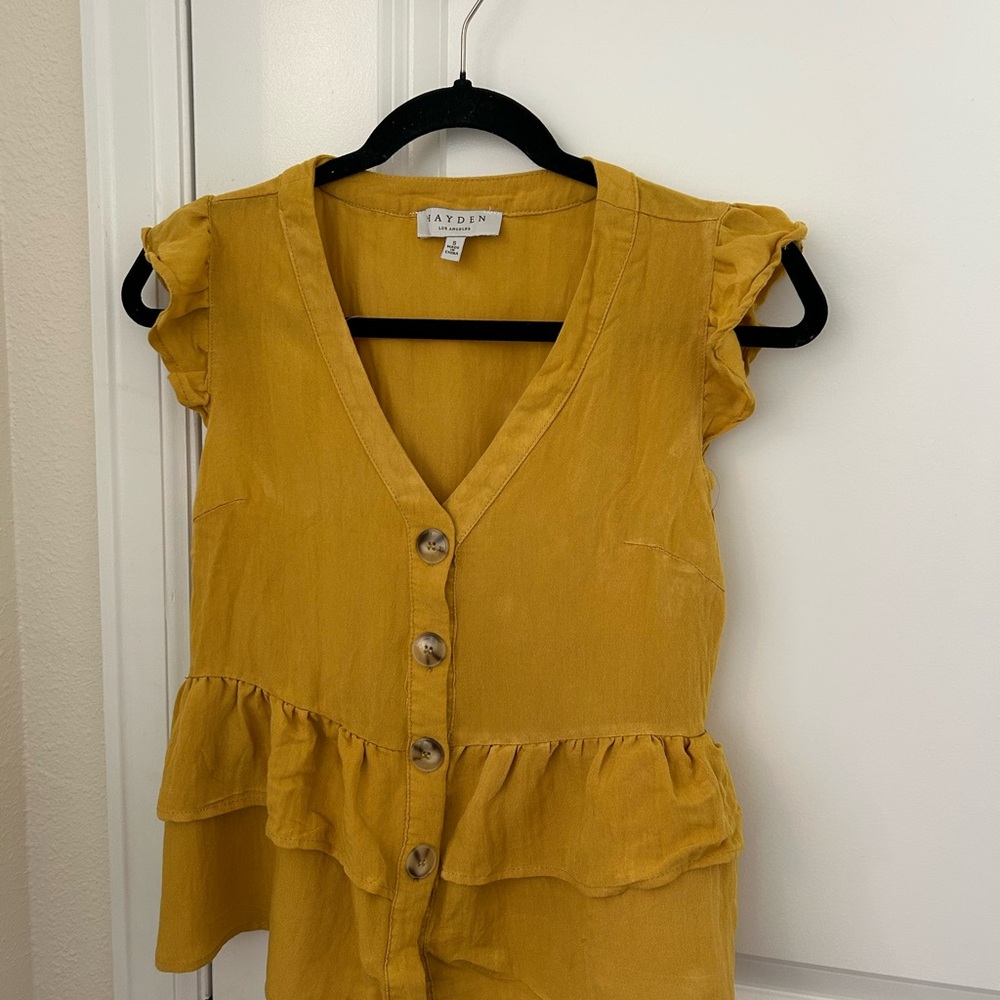 Hayden Mustard Yellow Ruffle Front Button Tank